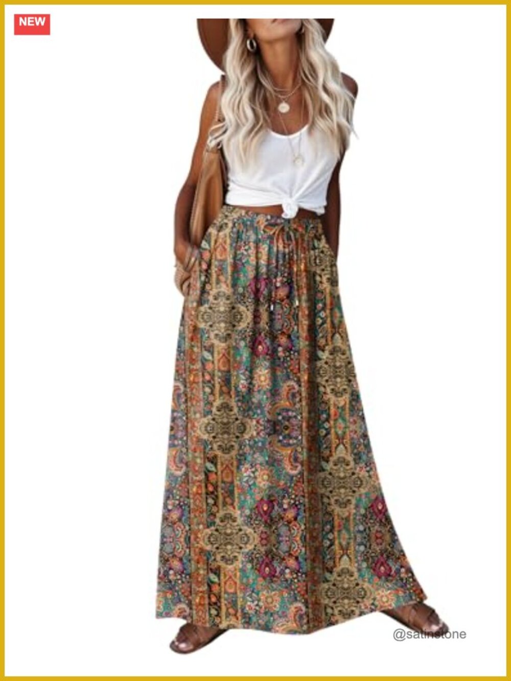Boho Floral Maxi Skirt High Waist A-Line Flowy with Pockets